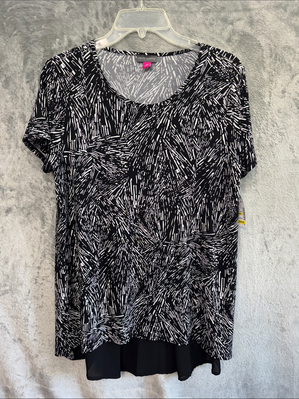Vince Camuto Med Black & White Abstract Print Short-Sleeve Tunic hi Lo New
